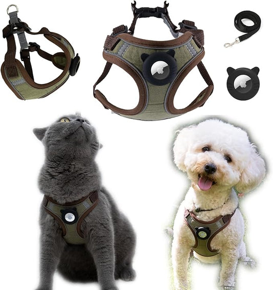 Airtag Cat Harness and Leash Set - Soft Nylon, Adjustable, Escape Proof, Reflective (Coffee Color, Medium)