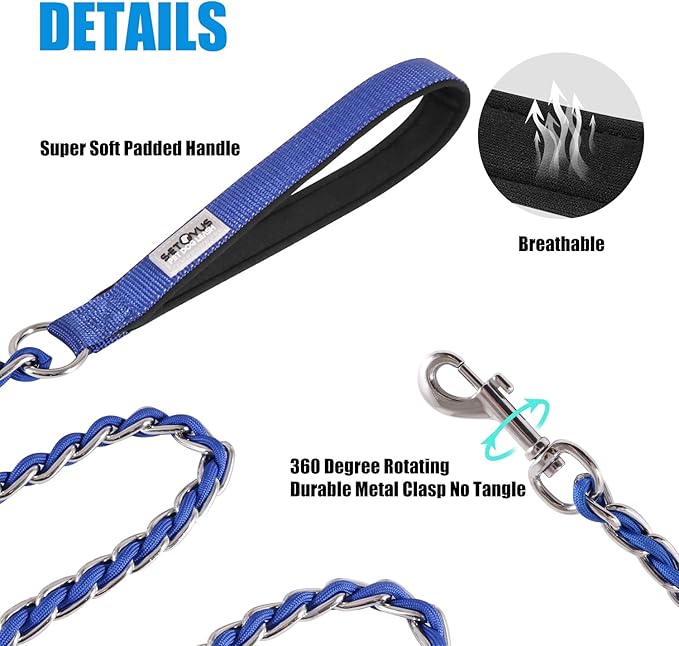 Chain Dog Leash Chew Proof Metal Leash for Medium Large Dogs, Chain Link Dog Leash Anti Chew 5.2FT Strong Anti Bite Dog Leash Comfortable Soft Padded Handle Blue 3.0