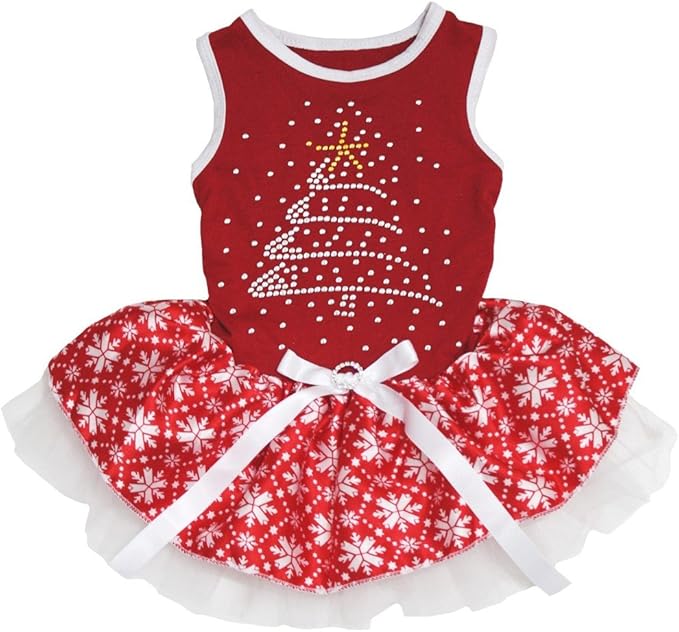 Petitebella Rhinestone Christmas Tree Puppy Dog Dress (Red/Red Snowflakes, Large)