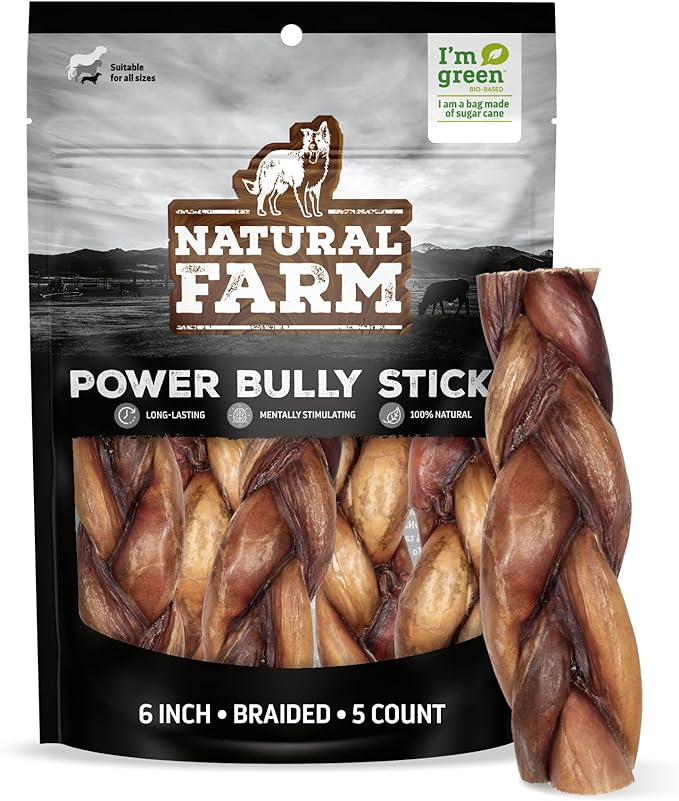 Natural Farm Braided Power Bully Sticks Dog Chews (6”, 5-Pack), 2-in-1 Power Chews: Premium Beef Cheek Wrapped in Beef Pizzle, Braided Together for a Very Long Lasting Chew, Great for Medium Dogs