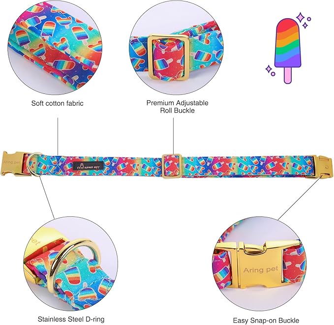 ARING PET LGBTQ Rainbow Popsicle Dog Collar with Bow, Cotton Pride Bowtie Pet Collar with Metal Buckle