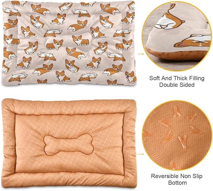 Cartoon Corgis Pattern Pet Bed for Small/Medium Dogs Cat | Pet Mat for Dog Cat Crates | Durable Polyester and Non-Slip Bottom Pet Bed, 24x36in