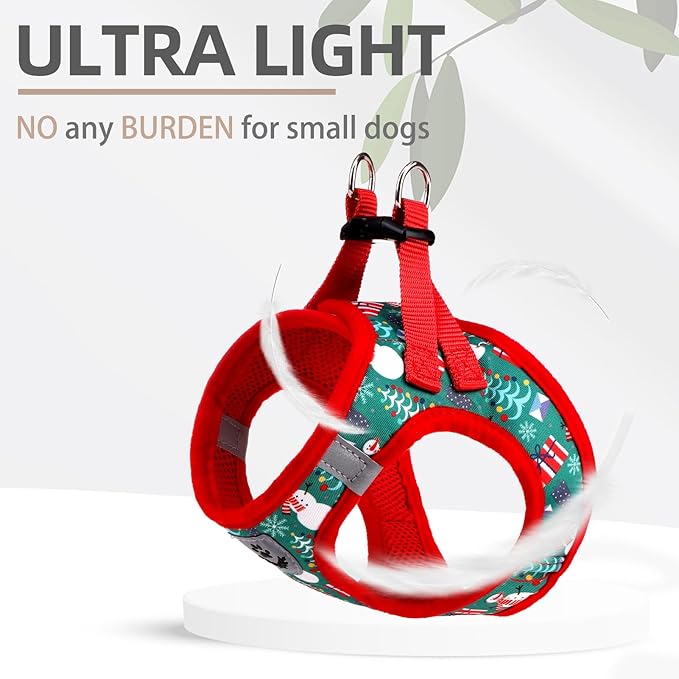 PUPTECK Adjustable Dog Harness Collar and Leash Set Step in No Pull Pet Harness for Small Medium Dogs Puppy and Cats Outdoor Walking Running, Soft Mesh Padded Reflective Vest Harnesses, Christmas, M