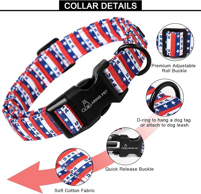 ARING PET 4th of July Dog Collar-Cotton Patriotic Dog Collars, Adjustable USA Flag Puppy Collars with Quick Release Buckle
