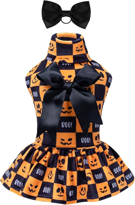 CuteBone Turtleneck Dog Velvet Dress Halloween Puppy Skirt Costume Pet Clothes Cat Apparel with Bow Hair Rope for Small Dogs CVD10M