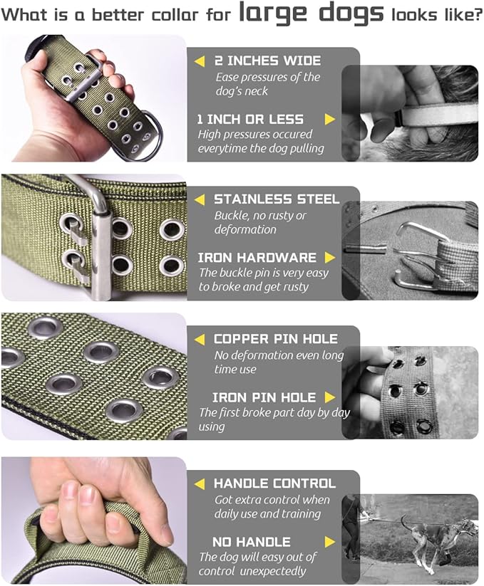 Large Dog Collar Heavy Duty- 2 inches Wide Tactical Dog Collar with Handle for Gaint Dogs, Extra Strong Nylon with Stainless Hardware, Military Green 22"-27"