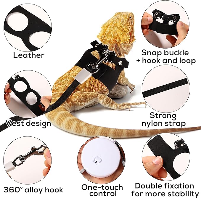 Bearded Dragon Harness and Leash Set, 3 Sizes Super Leather Bearded Dragon Vest with Retractable Small Animal Rope Bearded Dragon Outfits Clothes Accessories for Reptile Walking Outdoor (Black)