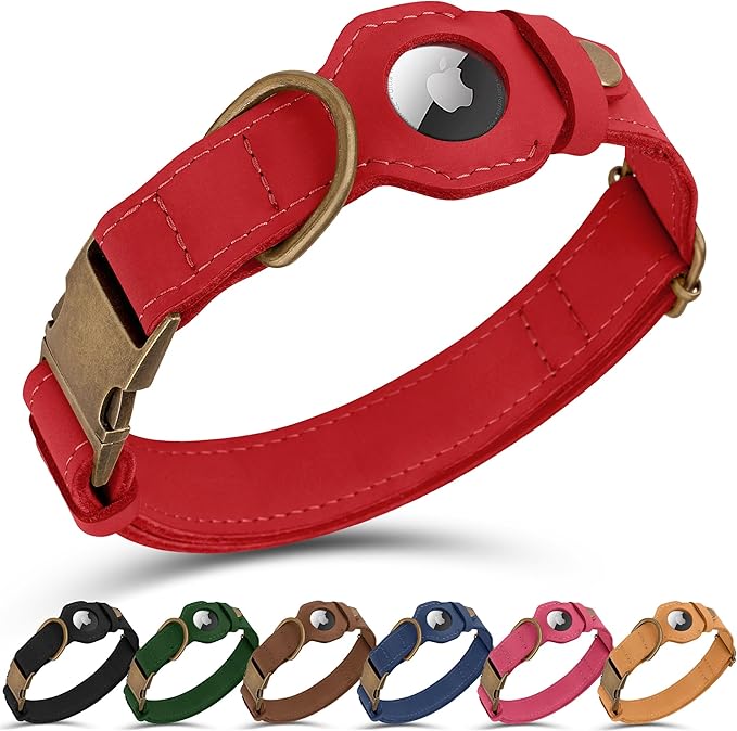AirTag Dog Collar - Genuine Leather Dog Collar with Apple AirTag Holder and Metal Buckle - Smart GPS Tracking Pet Collars for Small Medium Large Dogs Puppy (Red, XS, 9"-12" Neck Fit)