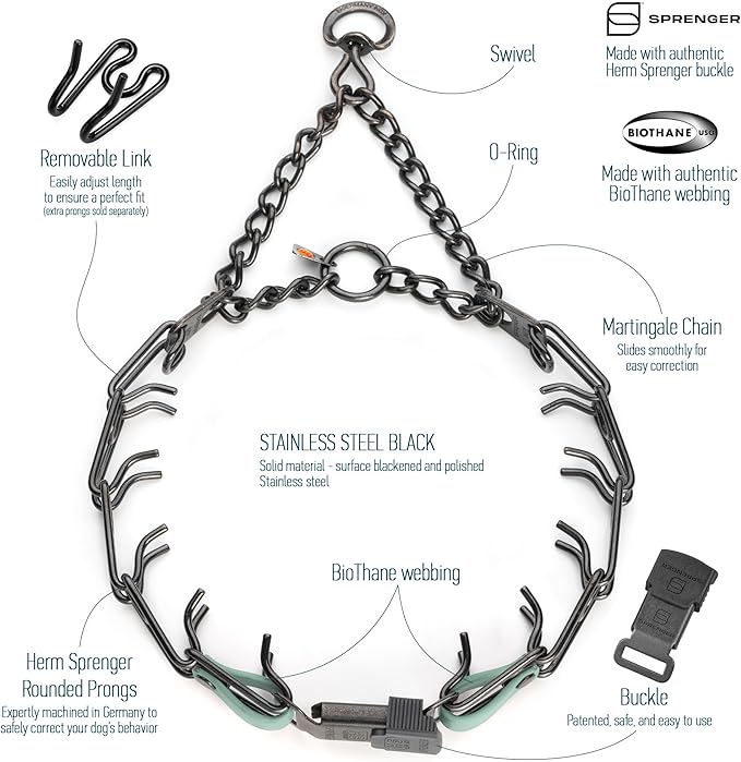 Herm Sprenger Black Stainless Steel Dog Collar with Quick Release ClicLock Buckle and Biothane Insert Training Collar Made in Germany (Sage Green, 23in x 3.2mm(Neck Size up to19-20in))
