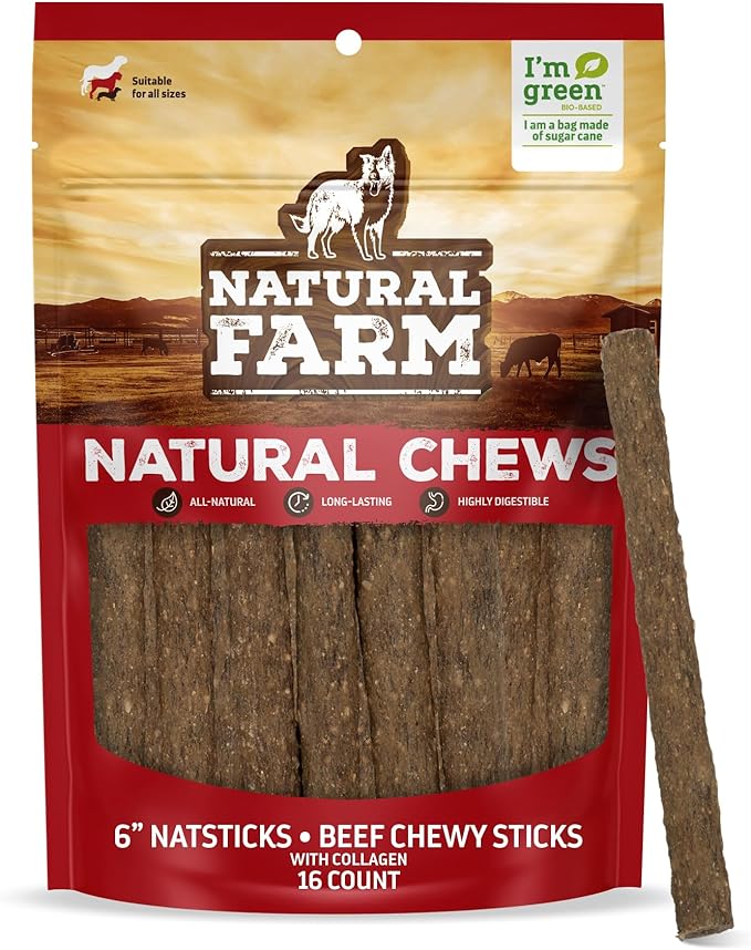 Natural Farm Natsticks Beef Chewy Sticks with Collagen (16-Pack), Made from Premium All-Natural Beef, Great for Small, Medium, Large Dogs, Protein-Rich, Quick-Chew Treats, Highly Digestible