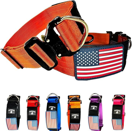 Tactical Dog Collar 2 Inch Wide Thick Heavy Duty Military Style with Metal Buckle, Adjustable for Medium - Large Breeds, Durable K9 Training Gear with Patch Area, USA Flag Patch, Strong and Secure Fit