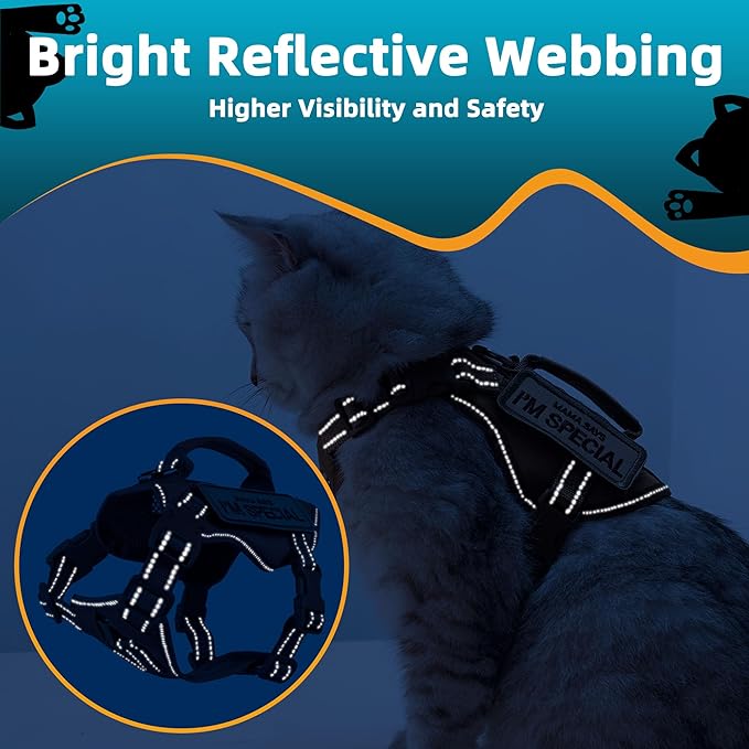 Tactical Cat Harness and Leash Black for Walking Esacpe Proof, Adjustable Soft Mesh Large Cat Vest with Handle Easy to Control,Molle Patches L