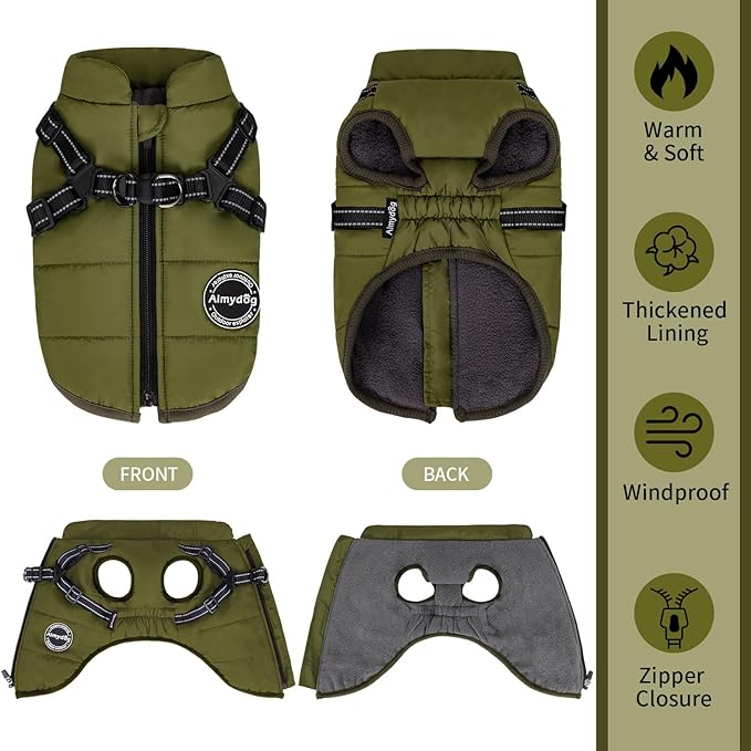 Warm Dog Winter Coat, Windproof & Waterproof Jacket with Built-in Harness, Reflective & Adjustable Comfortable Pet Vest for Small Dogs (Green)