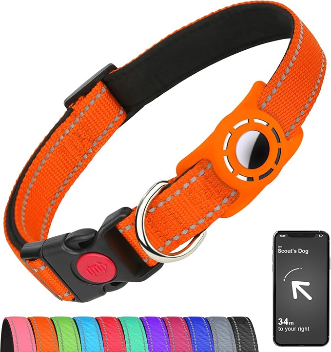 Airtag Dog Collar with AirTag Holder for Small Dogs, Reflective, Soft Padded & Safety Locking Buckle, Nylon Pet Collars Adjustable for All Breeds, Orange,S