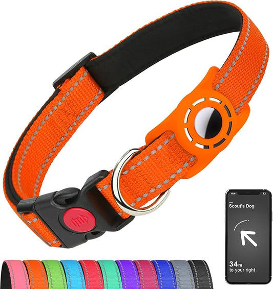 Airtag Dog Collar with AirTag Holder for Puppy Small Dogs, Reflective, Soft Padded & Safety Locking Buckle, Nylon Pet Collars Adjustable for All Breeds, Orange,XS