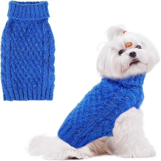 Turtleneck Small Dog Sweaters - Classic Cable Knitwear Winter Coat for Small Medium Dogs Male Female Puppy Dog Cold Weather Clothes Girls Boys, Blue, M