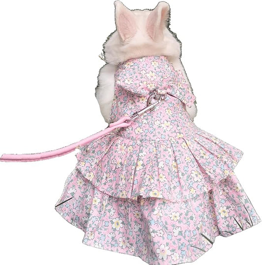 Rabbit Leash and Harness Set Adjustable Bunny Dress Clothes Outfit for Small Pet Ferret Guinea Pig Squirrel Hamster (Pink,S)