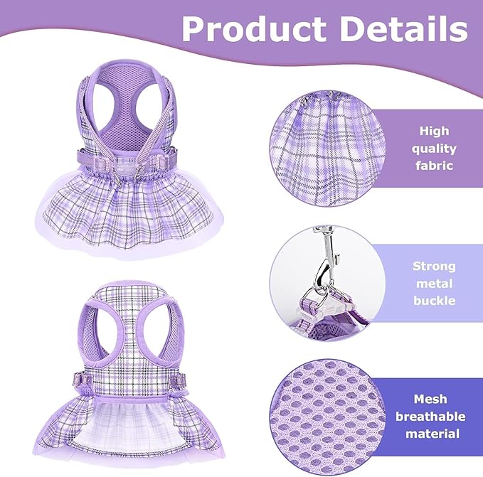 Dog Harness Dress, Plaid Dog Harness Dress with Leash Set, Summer Cute Pet Dog Clothes,Girl Puppy Dresses for Girl Small Dogs, Chihuahua Harness (Purple Harness+Rope, Small)