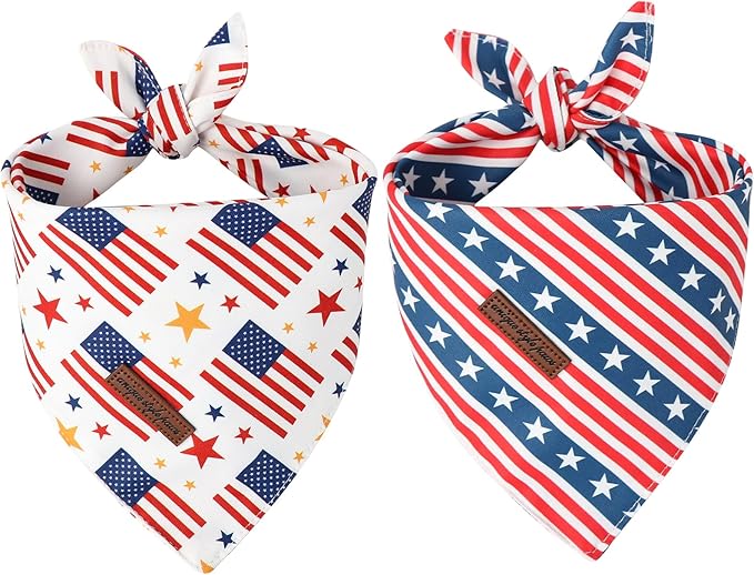 Unique Style Paws Dog Independence Bandanas 2Pcs Washable Cotton Triangle Summer Striped Star Flag Puppy Scarfs for Small Medium Large Dogs and Cats