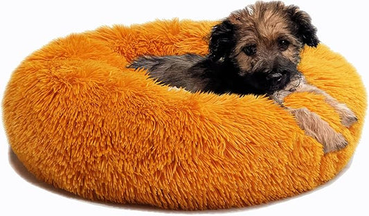 Round Small Dog Bed Washable Cozy Soft Calming Pet Bed with Anti-Anxiety Fits up to 15lbs,Orange 19 inches