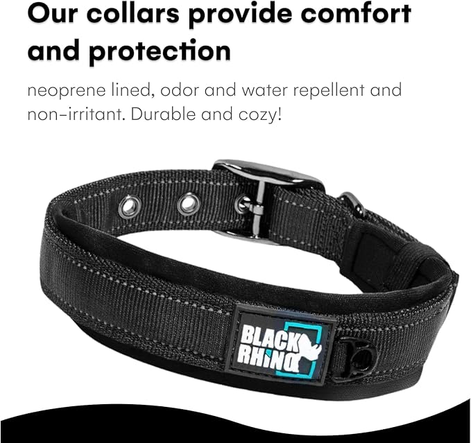 Black Rhino Dog Collar for Medium Dogs - 14-18 Inches Adjustable Reflective Dog Collar with Metal Buckle and Ultra-Soft Neoprene Padding - Heavy Duty Waterproof Collar for Active Pets - Black