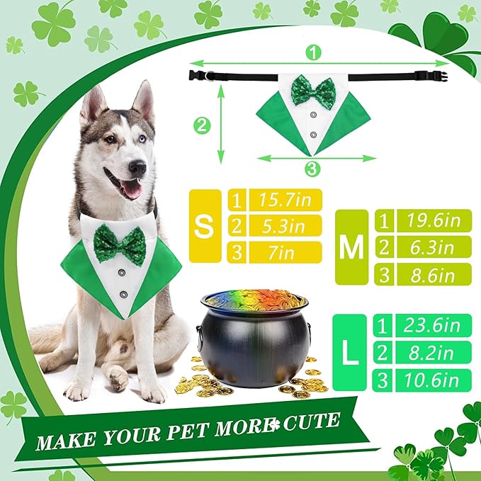St.Patrick's Day Dog Tuxedo Bandanas Costume Pet Green Irish Outfits Adjustable Saint Patrick's Day Dog Scarf Bow Tie Collar for Large Dogs Cats Cosplay Party Dress Doggie Bibs (Grenn, Small)