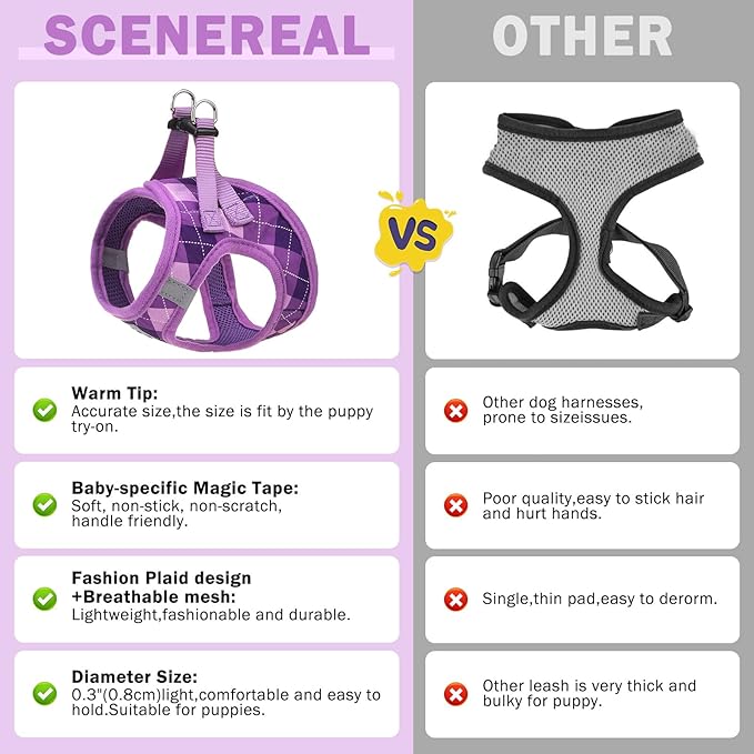SCENEREAL Dog Harness Collar and Leash Set, Step-in No Pull Pet Vest Harnesses for Small Medium Dogs Puppy Cats, Soft Mesh No-Chock Reflective Vest Harness for Outdoor Walking Running, Purple Plaid M