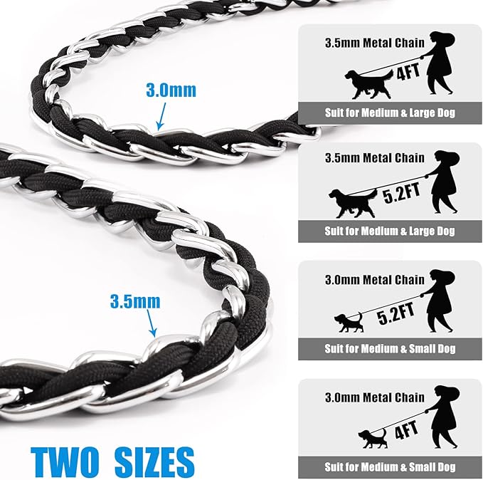 Chain Dog Leash Chew Proof Metal Leash for Medium Large Dogs, Chain Link Dog Leash Anti Chew 5.2FT Strong Anti Bite Dog Leash Comfortable Soft Padded Handle Black 3.0