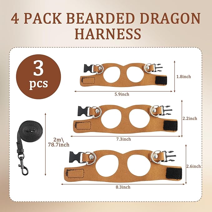 3 Pack Bearded Dragon Leash and Harness Set,Three Sizes Bearded Dragon Harness and Leash,Adjustable,Suitable for Small Reptiles (Brown)