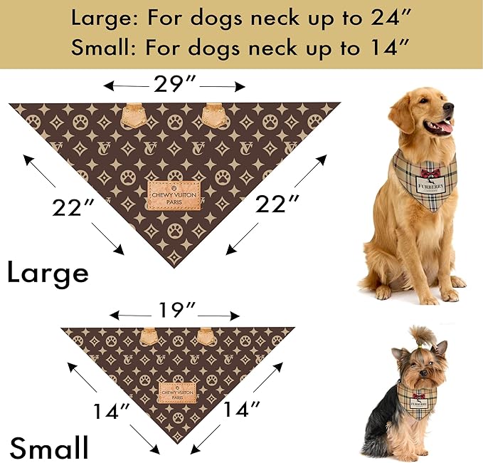 Dog Bandana Chewy Vuiton Designer Fashion Clothes Scarf Kerchief for Small Medium and Large Dogs. Funny Parody Gift for Girl or boy Dog Soft Durable Fabric, Adjustable tie-on Style Triangle