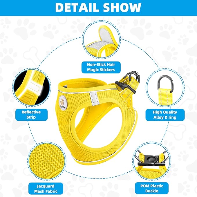 Dog Harness and Leash Set, No Pull Soft Mesh Pet Harness for Small Medium Dogs, Cats - Step in Adjustable Reflective Puppy Harness with Buckle and Double D-Rings - Yellow, XS