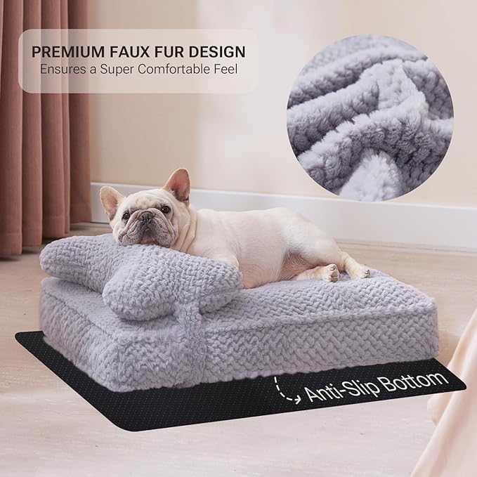 Soft Touch Orthopedic Dog Beds for Medium Dogs, Waterproof Dog Crate Bed with Removable Washable Cover, Attachable Pillow Cushion, Non-Slip Bottom (Grey, Medium)