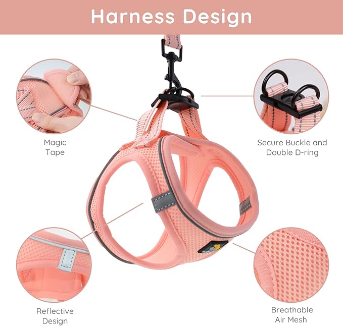 BELLA & PAL Puppy Harness with Leash Set, Step in Harness for Small Dogs, Dog Air Mesh Dog Vest Harness with Reflective Strip, No Pull No-Chock Harness for XXS, XS, Small, Medium Dog Cat (Pink, L)