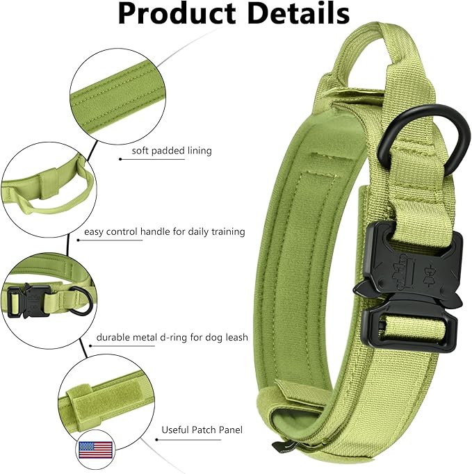 DAGANXI Tactical Dog Collar, Adjustable Military Training Nylon Dog Collar with Control Handle and Heavy Metal Buckle for Medium and Large Dogs, with Patches and Airtags Case (XL, Spring Grass)
