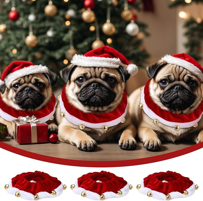 3 Pcs Christmas Jingle Bell Dog/Cat Collars Buckle Festive Christmas/Holiday Plush Neckwear for Xmas Dog Cat Outfit Pet Stretchable Scrunchy Costume Accessory Soft Collar with Bell(Medium)