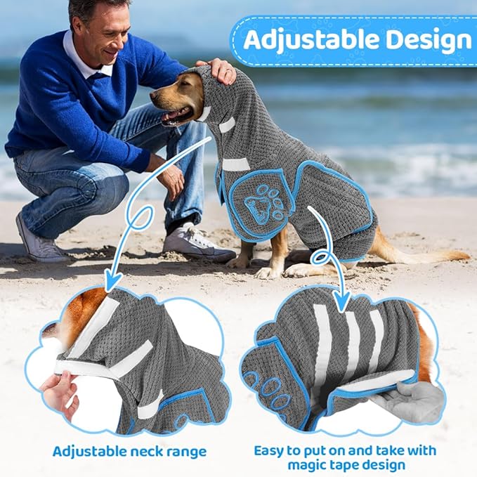 SlowTon Dog Bathrobe Towel - Super Absorbent Microfiber Pet Quick Drying Towel, Wearable Soft Bath Robes for After Bath Shower Swim Wet Walk, Adjustable for Small Middle Large Dogs (Grey, S)