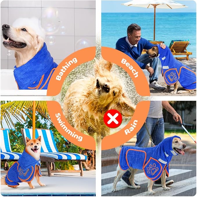 SlowTon Dog Bathrobe Towel - Super Absorbent Microfiber Pet Quick Drying Towel, Wearable Soft Bath Robes for After Bath Shower Swim Wet Walk, Adjustable for Small Middle Large Dogs (Blue, XS)