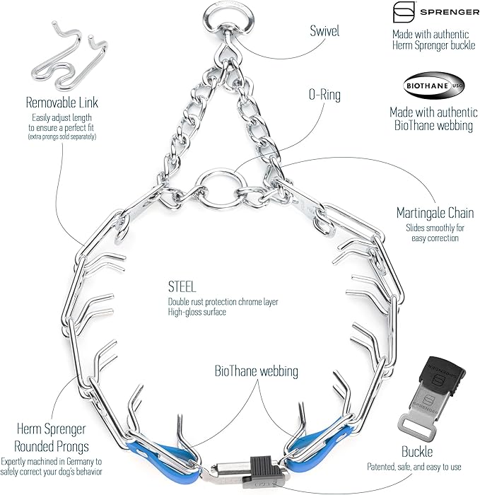 Herm Sprenger Chrome Plated Steel Dog Collar with Quick Release ClicLock Buckle and Biothane Insert Training Collar for Dogs Made in Germany (Cerulean Blue, 25in x 4.0mm(Neck Size up to21-22in))