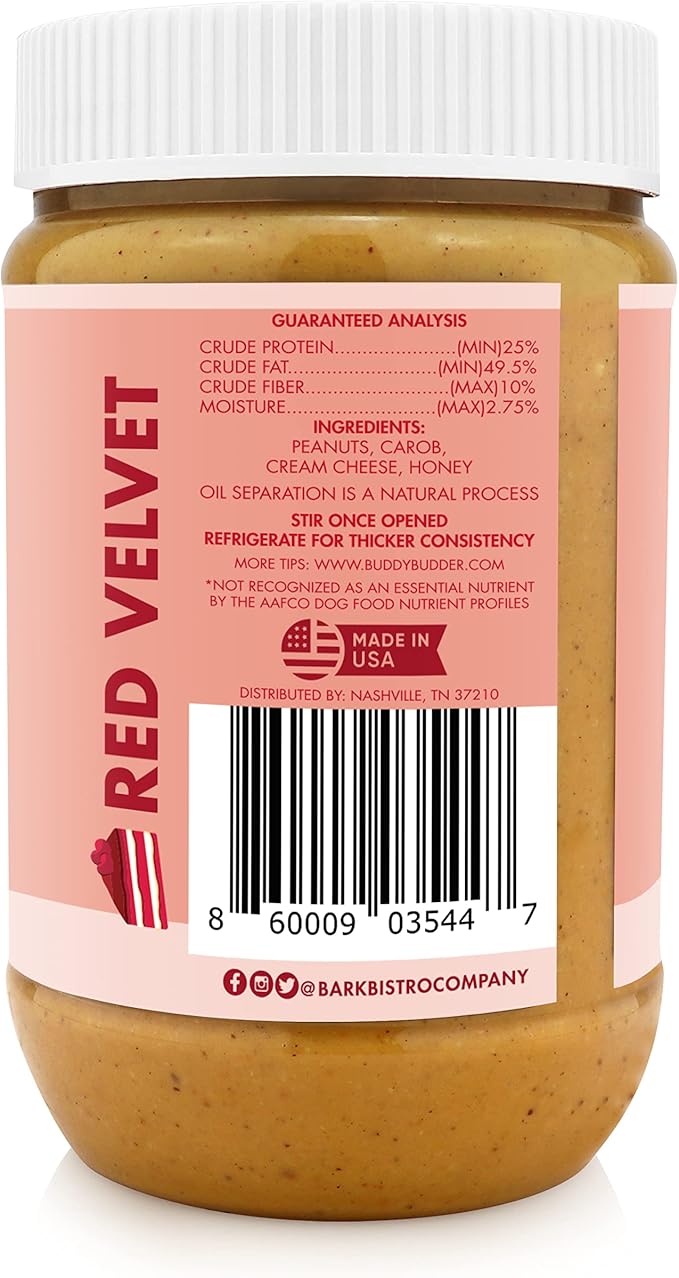 BUDDY BUDDER Red Velvet, 100% Natural Dog Peanut Butter, Healthy Peanut Butter Dog Treats, Stuff in Toy, Dog Pill Pocket, Made in USA, (17 oz Jars) (Red Velvet)