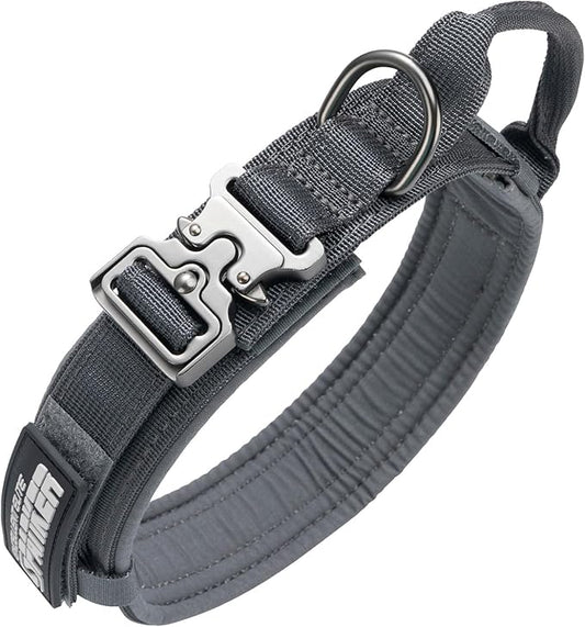 EXCELLENT ELITE SPANKER Tactical Dog Collar Nylon Adjustable Training Collar Military Dog Collar Heavy Duty Metal Buckle with Control Handle for Medium and Large Dogs with Patches (Grey-L)