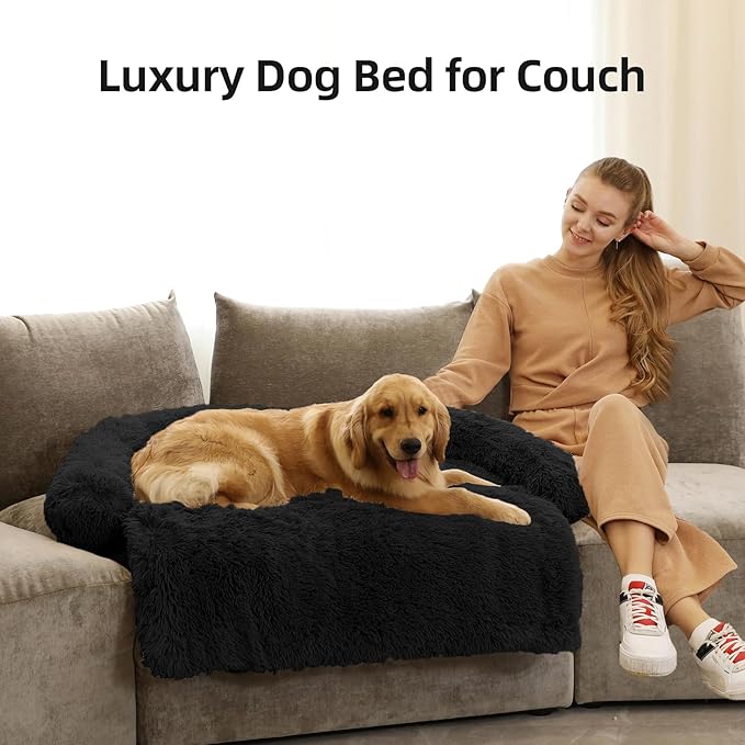 Calming Dog Bed Fluffy Plush Dog Mat for Furniture Protector with Removable Washable Cover for Large Medium Small Dogs and Cats (Extra Large (53x39.3x6), Black)