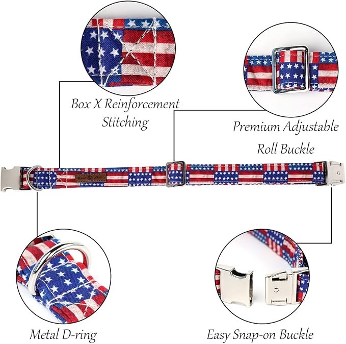 Lionet Paws Patriotic Dog Collar with Sailor Bow, 4th of July, Soft and Comfortable Adjustable American Flag Collar for Dogs, Small, Neck 10-16 inches