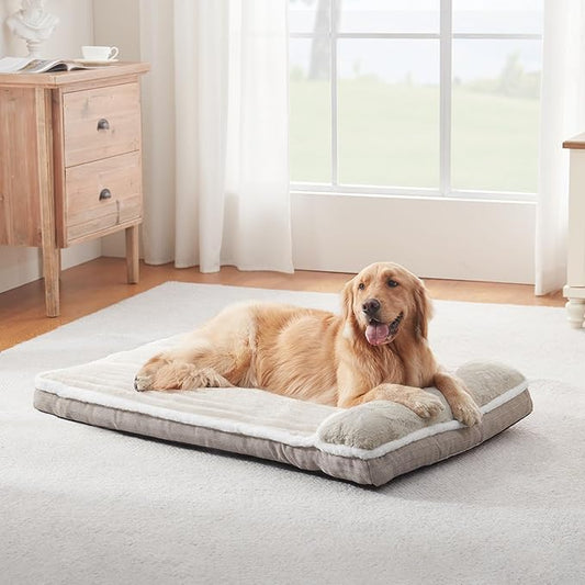 Dog Bed for Large Dogs, Dog Mattress with Pillow for Crate Kennel, Sofa pet Bed, Super Soft pet Bed for Medium, Jumbo, Small Dogs Breeds (Beige, Medium:(31"x25"x3")