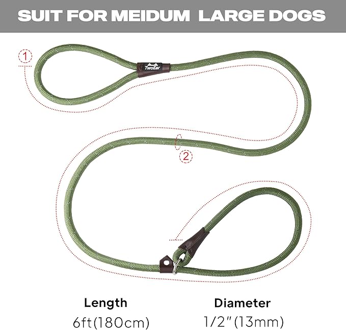 TwoEar Slip Leads for Dogs, 1/2" x 6FT Dog Training Leash with Highly Reflective Threads, Heavy Duty Strong Dog Leash Rope for Small Medium and Large Dogs (Green)