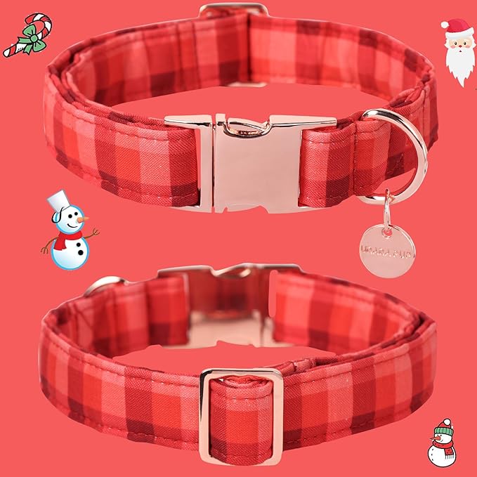 Christmas Dog Collar, Christmas Collar for Puppy Girl Boy Dog or Cat, Red Plaid Dog Collar with Durable Metal Buckle, Cute Pet Collar, XL