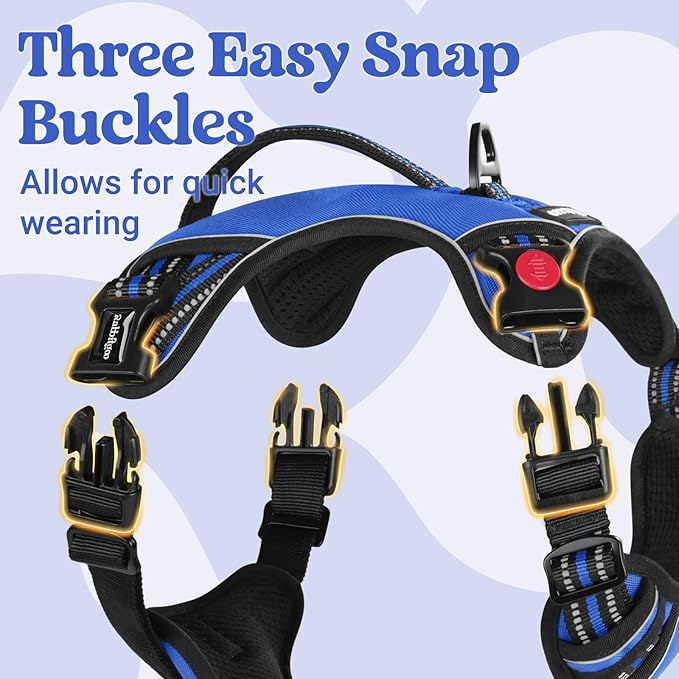 rabbitgoo Dog Harness for Large Dogs, No Pull Pet Harness with Soft Padded Handle, Adjustable Reflective Vest with 3 Buckles, Easy Walking Harness with 2 Leash Clips, Blue, M