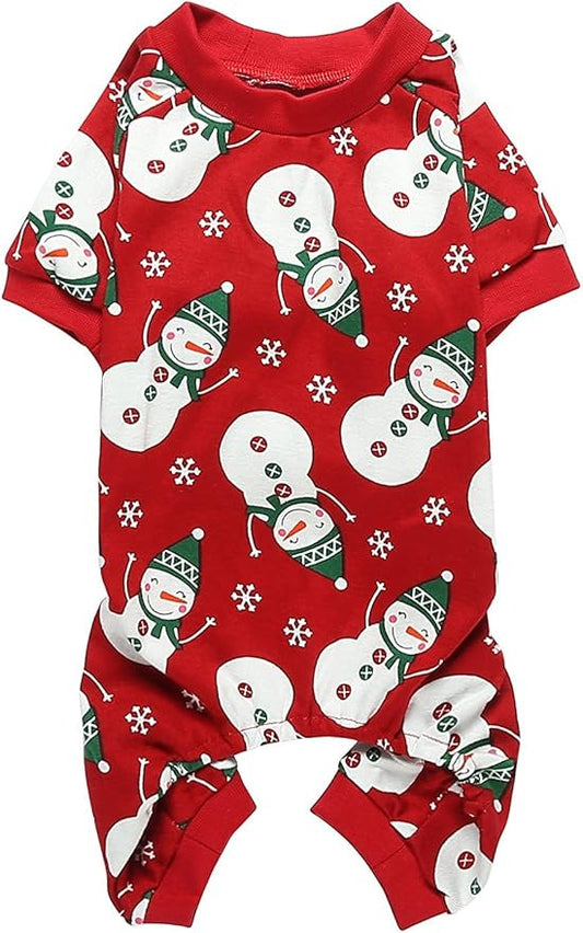 Lanyarco Cute Snowman Dog Pajama Reindeer Small Pet Clothes Christmas Dog Pajamas Shirts, Red Back Length 12" Small