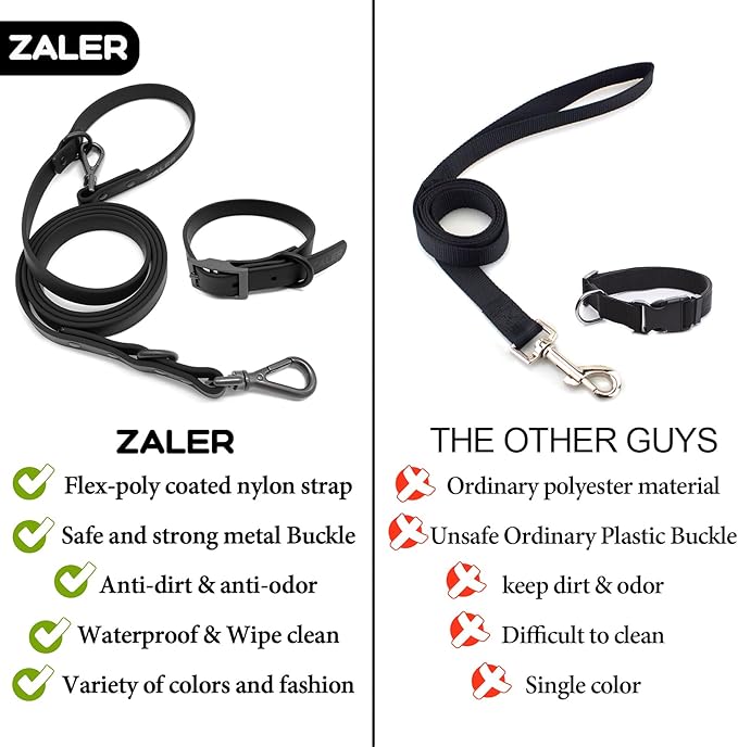 ZALER Dog Collar and Leash Set, Waterproof Adjustable Odor Proof Pet Collars Leashes Easy to Clean, 6FT Dog Leash with 2 Hooks for Large, Medium Small Dogs (M, Black)