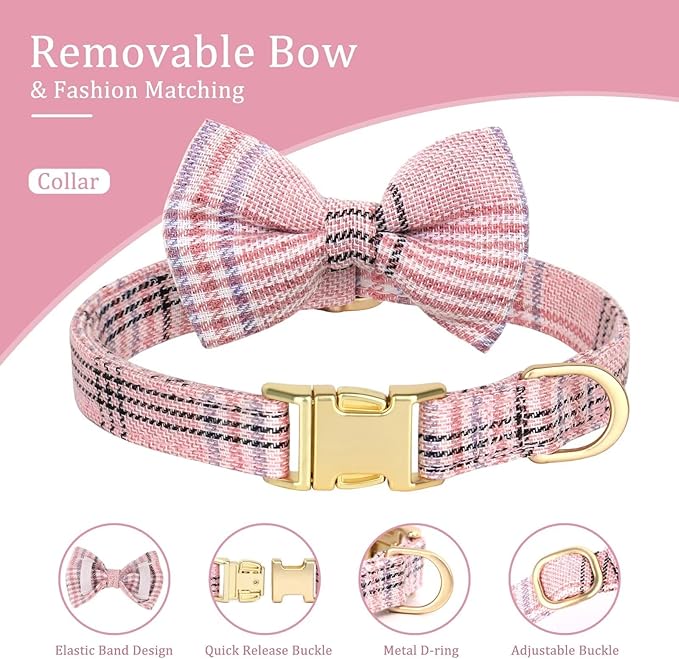 Beirui Cute Small Dog Harness Collar and Leash Set with Bowtie, Soft Adjustable Pink Puppy Harness for Small Sized Dogs Cats Walks Parties and Photoshoots(Pink,XXS:Chest 12-14")