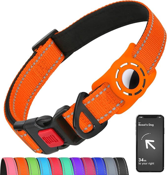 Airtag Dog Collar with AirTag Holder for Medium Dogs, Reflective, Soft Padded & Safety Locking Buckle, Nylon Pet Collars Adjustable for All Breeds, Orange,M
